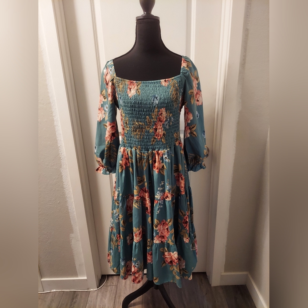 Baltic Born Floral Teal Smocked Top Midi Dress XL